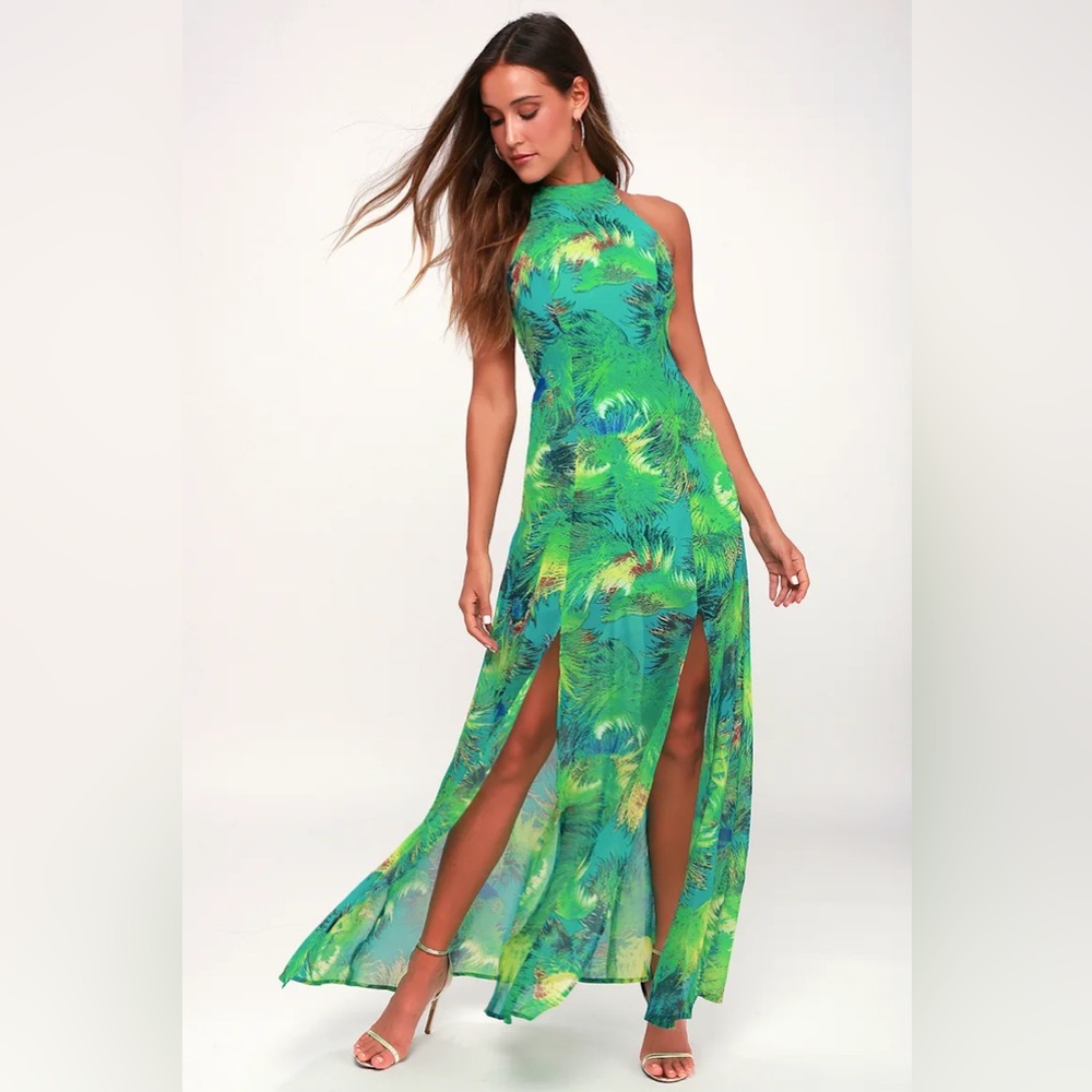 Lulus Tropic of Discussion Green Tropical Print Maxi Dress Size XS